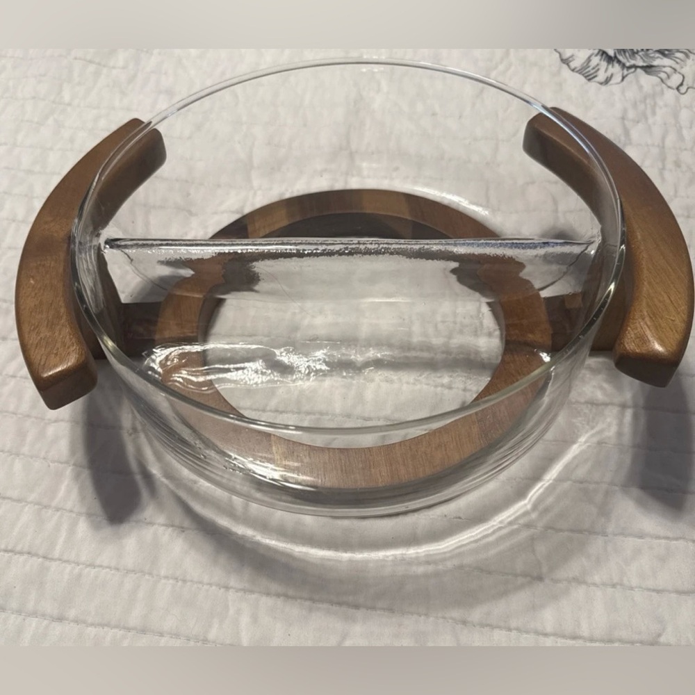 RARE MCM Divided Glass Bowl Serving Dish with Teak Wood